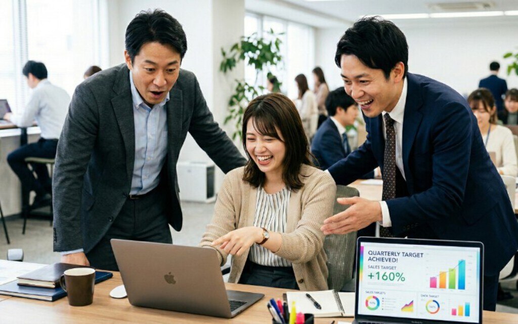 デジタル化による業務成果をチームで確認する様子